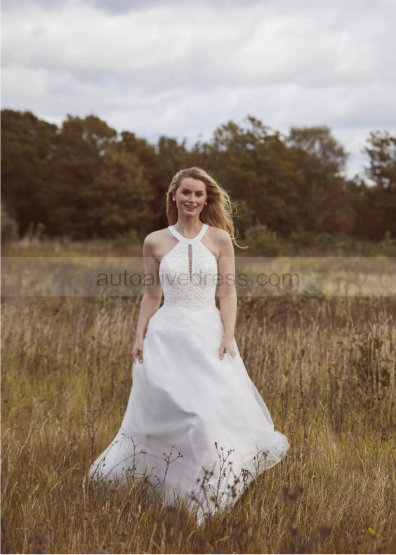 Halter Neck Ivory Lace Tulle Boho Wedding Dress